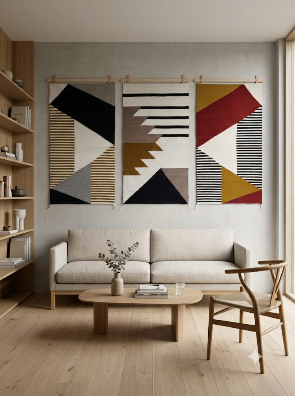 Wall-Hung handmade wool rugs with geometric pattern in black, gray, red, white and okra color. Rug made in Oaxaca, Mexico by Zapotec weavers. 