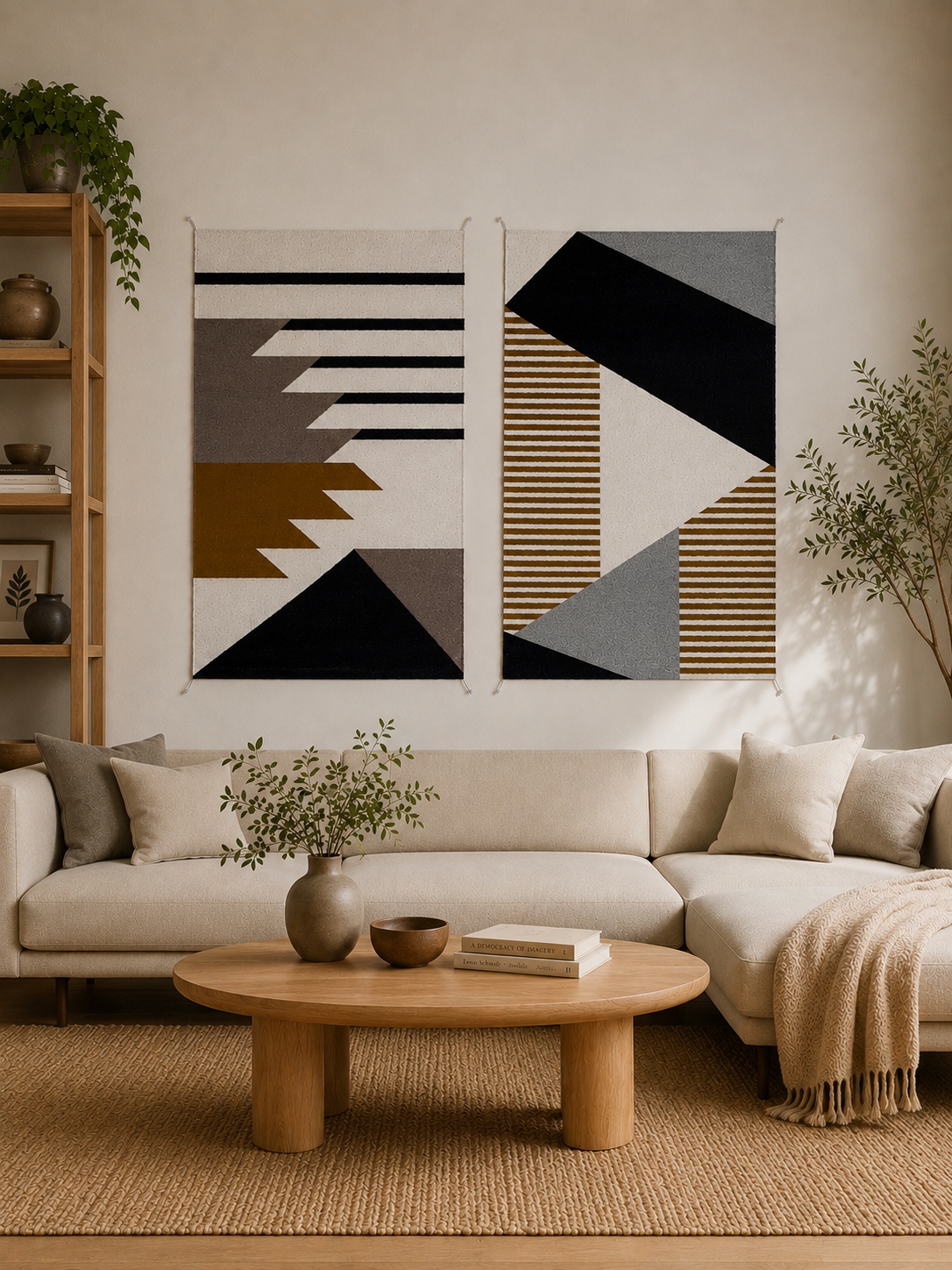 Wall-Hung handmade wool rugs with geometric pattern in black, gray, red, white and okra color. Rug made in Oaxaca, Mexico by Zapotec weavers. 