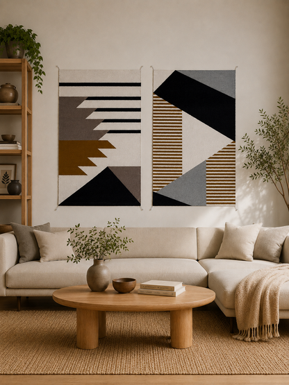 Wall-Hung handmade wool rugs with geometric pattern in black, gray, red, white and okra color. Rug made in Oaxaca, Mexico by Zapotec weavers. 