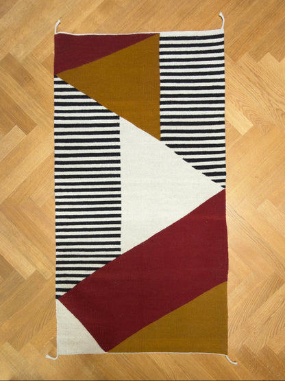 Handmade wool rugs with geometric pattern in black, red, white and okra color - full picture.. Rug made in Oaxaca, Mexico by Zapotec weavers. 